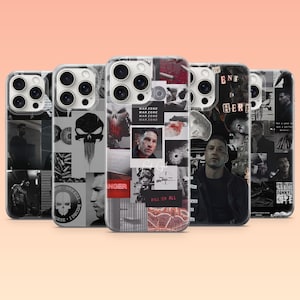 Könnte beinhalten: Eine Sammlung von Handyhüllen mit verschiedenen Designs. Die Hüllen zeigen Bilder eines Schädels, eines Mannes und Texte wie "WAR ZONE", "KILL 'EM ALL" und "THE END IS HERE". Die Hüllen sind in Schwarz, Weiß und Rot gehalten.