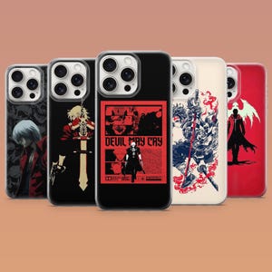 May include: A collection of five phone cases featuring various designs. The cases showcase artwork with characters and text from the "Devil May Cry" video game series. The cases are black, red, and white.