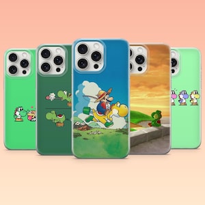 May include: A collection of five phone cases featuring colorful illustrations of Yoshi and Mario from the Super Mario video game series. The cases showcase various scenes, including Yoshi with Mario, and Yoshi in different poses, set against vibrant backgrounds.