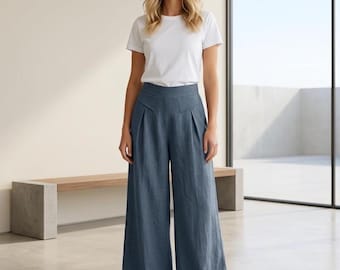 High Waisted Wide Leg Culottes, Natural Textured Fabric Pants, Cropped Trousers for Women, Casual Summer Bottoms