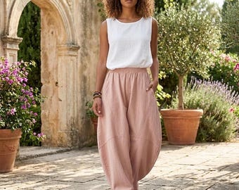 Linen Wide Leg Pants for Women, Boho Loose Trousers, Harem Style Summer Pants, Custom Fit Relaxed Fit Lounge Pants, Casual Beach Wear