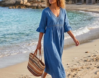 Boho Cotton Linen-blend Maxi Dress Women, V Neck Crochet Trim Summer Beach Cover Up