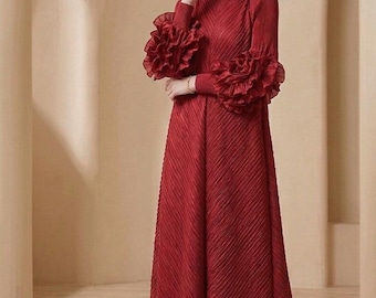 Elegant Pleated Maxi Dress, Ruffled Sleeve Formal Gown, Bridesmaid Prom Evening Wear