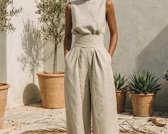 Conjunto de lino hecho a mano sin mangas y pantalón ancho – Conjunto de dos piezas estilo boho veraniego
