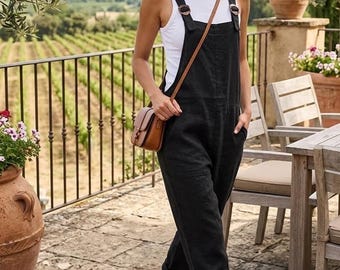 Combinaison en lin mélangé pour femme, Combishort bohème à jambe large, Combinaison à bretelles réglables, Tenue de voyage d'été, Vêtements de villégiature