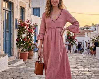 Robe longue bohème en lin pour femme, cache-cœur d'été à col en V et bordure en crochet