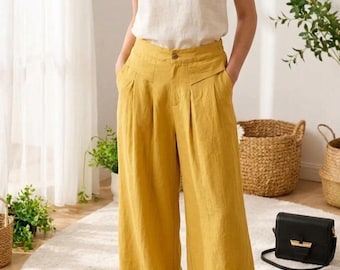 Natural textured fabric Culottes | High Waisted Wide Leg Cropped Trousers