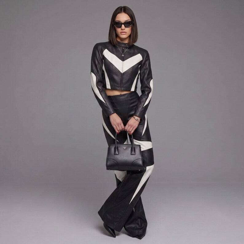 May include: A black and white leather cropped jacket and matching high-waisted flared trousers featuring chevron patterns. The outfit is paired with a structured black leather handbag with dual top handles and pointed-toe black leather boots.