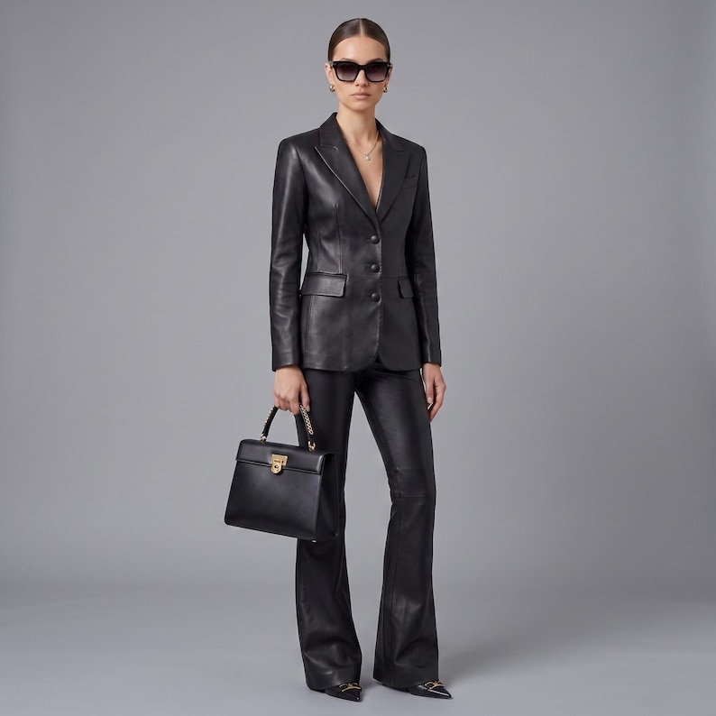 K&ouml;nnte beinhalten: Ein schwarzer Lederblazer mit drei Kn&ouml;pfen und dazu passender schwarzer Lederhose mit Schlag. Eine strukturierte schwarze Handtasche mit goldfarbenem Verschluss wird in der Hand gehalten. Eine dunkle Sonnenbrille vervollst&auml;ndigt das monochrome Outfit.