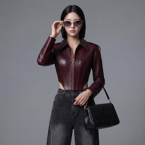 Burgundy Leather Corset Jacket Women | Cropped Zip Up Coat | Pointed Hem Leather Crop Top | Structured Biker Jacket