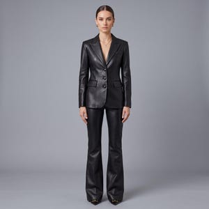 K&ouml;nnte beinhalten: Ein schwarzer Lederanzug bestehend aus einem taillierten Blazer mit drei Kn&ouml;pfen, fallendem Revers und zwei Pattentaschen, kombiniert mit einer passenden, hoch taillierten Schlaghose. Das Set hat eine glatte, polierte Oberfl&auml;che.