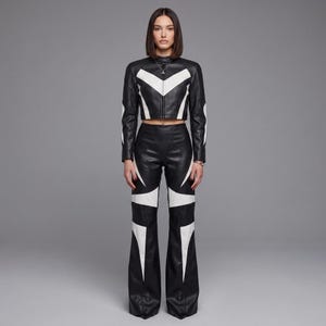 May include: A black and white leather two-piece set consisting of a cropped long-sleeve jacket with a high collar and matching high-waisted flared trousers. Both pieces feature bold, geometric white paneling against a black base.