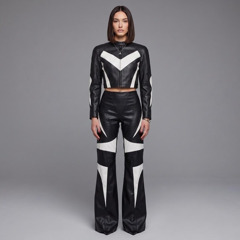 May include: A black and white leather two-piece set consisting of a cropped long-sleeve jacket with a high collar and matching high-waisted flared trousers. Both pieces feature bold, geometric white paneling against a black base.