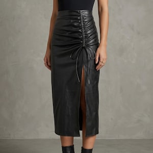 Womens Handmade Genuine Leather Skirt| Black Ruched High Waisted Midi | Front Side Slit Drawstring Bodycon With Bow | Moto Gothic Streetwear
