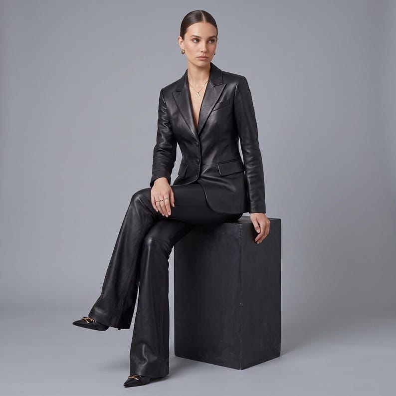 K&ouml;nnte beinhalten: Ein schwarzer Lederblazer mit steigendem Revers, zwei Kn&ouml;pfen auf der Vorderseite und zwei Pattentaschen, kombiniert mit einer passenden, ausgestellten Lederhose in Schwarz. Das Set besticht durch eine glatte Oberfl&auml;che und einen strukturierten Schnitt.