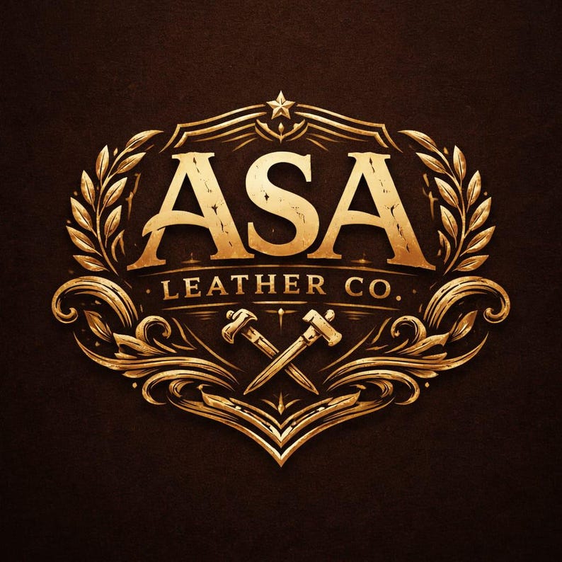May include: A gold-colored logo on a dark brown background featuring the text ASA LEATHER CO. in a serif font. The design includes a central emblem with two crossed tools, surrounded by ornate filigree, laurel leaf branches, and a small star.