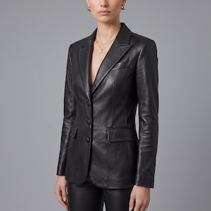 Schwarzer Lederanzug | Blazer und Schlaghose im Set | Slim-Fit-Zweiteiler | Vintage-Winter-Business-Streetwear Bild 7
