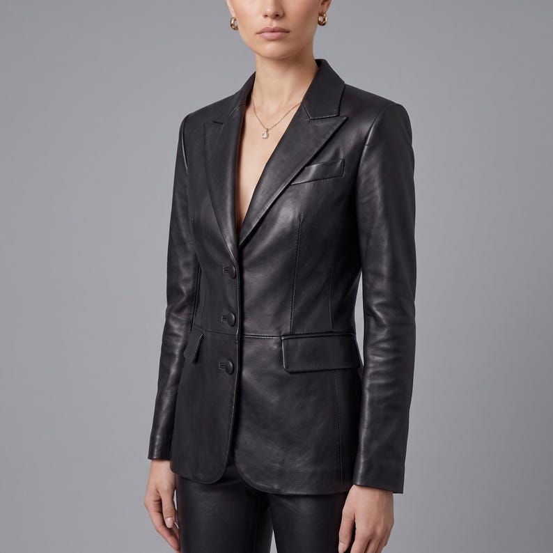 Schwarzer Lederanzug | Blazer und Schlaghose im Set | Slim-Fit-Zweiteiler | Vintage-Winter-Business-Streetwear Bild 7