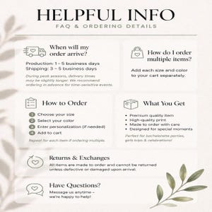 May include: A white informational graphic with the text "HELPFUL INFO FAQ & ORDERING DETAILS". The graphic includes information on ordering, shipping, returns, and contact information. The text is in a clean, easy-to-read font.