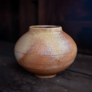 May include: A round ceramic vase with a wide, bulbous body and a narrow, open mouth. The surface features a mottled, earthy color palette with blended tones of tan, beige, and burnt orange, accented by a subtle horizontal line around the center.