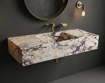 Wall Mounted Calacatta Viola Marble Sink – Custom Marble Floating Vanity – Luxury Modern Bathroom Basin