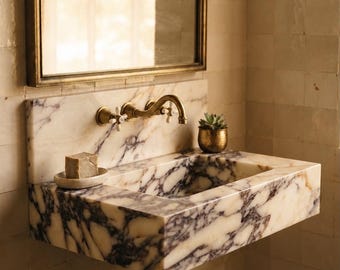 Calacatta Viola Marble Sink and Backsplash - Modern Wall Mounted Vanity