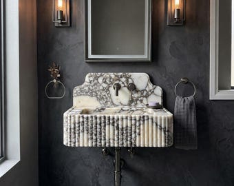 Calacatta Viola Marble Wall Mounted Sink with Backsplash – Luxury Bathroom Vanity Basin