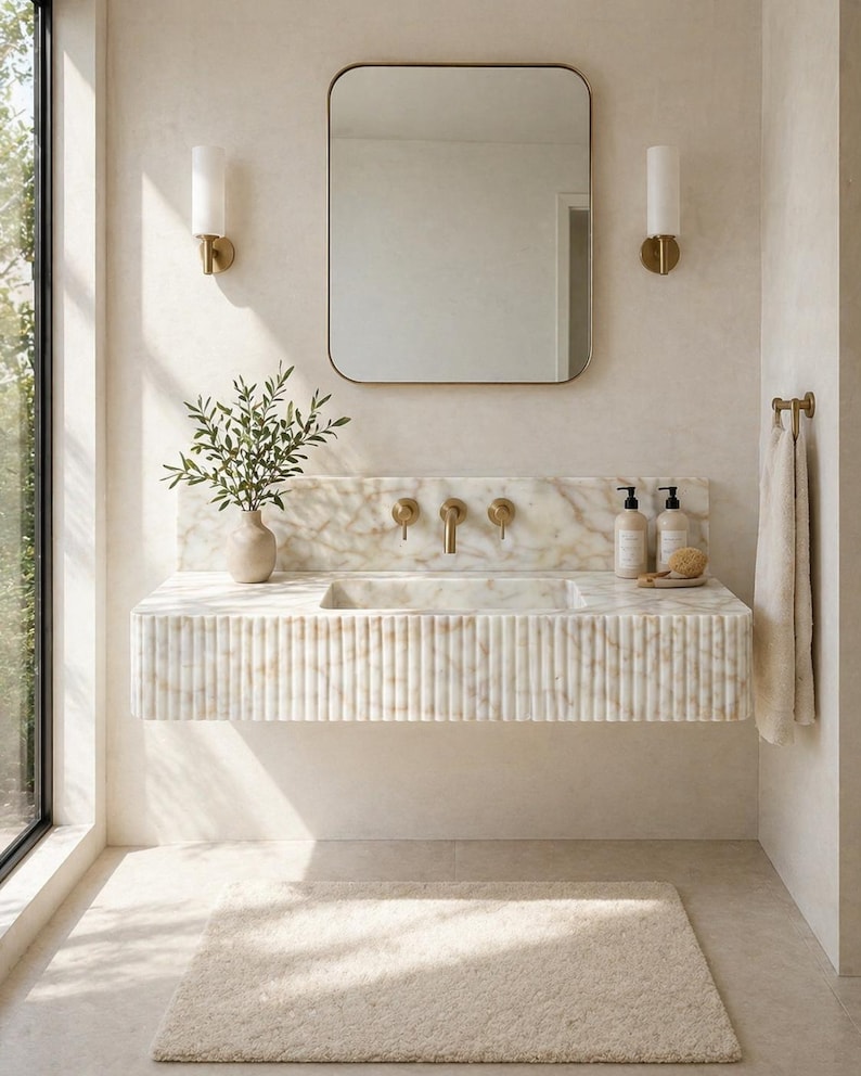 May include: A modern bathroom interior featuring a marble vanity with a built-in sink and gold fixtures. A rectangular mirror hangs above the sink, flanked by sconces. A fluffy rug sits on the floor, and a towel rack is on the right.