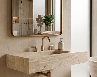 Travertine Stone Bathroom Sink – Wall Mounted Basin – Luxury Handmade Vanity