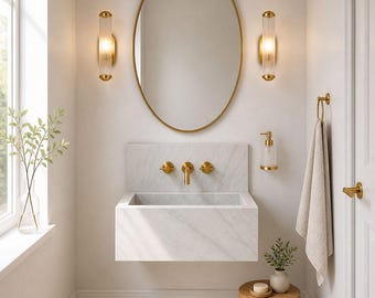 Carrara Marble Wall Mounted Sink with Backsplash – Luxury Stone Basin