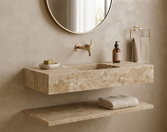 Modern Travertine Floating Sink and Shelf Set – Minimalist Bathroom Vanity – Natural Stone Washbasin – Small Bathroom Luxury Decor