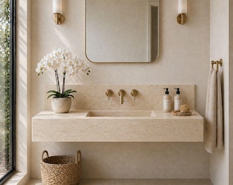 Luxury Travertine Wall Mounted Sink With Backsplash - Floating Marble Bathroom Basin