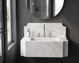 Carrara White Marble Floating Sink – Wall Mounted Bathroom Vanity – Luxury Stone Basin