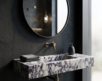 Luxury Calacatta Viola Marble Sink – Modern Floating Bathroom Vanity – Handmade Natural Stone Basin