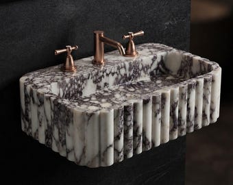 Calacatta Viola Marble Sink – Luxury Wall Mounted Vanity – Custom Handcarved Basin