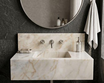 Calacatta Gold Marble Sink and Backsplash - Wall Mounted Bathroom Basin