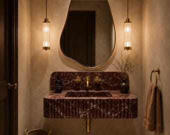 Rosso Levanto Marble Floating Sink – Handmade Wall Mounted Vanity, Natural Stone Basin
