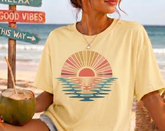 Comfort Colors Sunset Beach Shirt, Coastal Ocean Graphic Tee, Retro Summer Vacation T Shirt, Cute Travel Tee, Wave Shirt