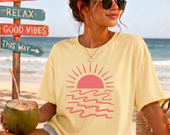 Comfort Colors® Sun Ocean Shirt, Linear Graphic Boho Summer T Shirt, Trendy Beach Tee, Cute Minimalist Summer Tee