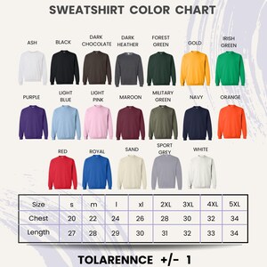The image is a color chart for a collection of sweatshirt designs, displaying various colors and sizes.