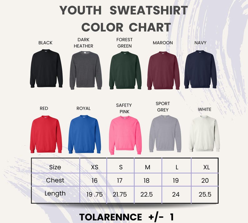 The image is a color chart for youth sweatshirts, displaying various color options and corresponding sizes.