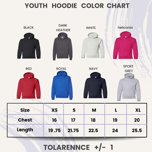 The image is a youth hoodie color chart that displays various color options and corresponding sizes for a hoodie.