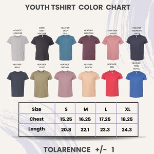 The image is a youth t-shirt color chart that displays various t-shirt designs and sizes.