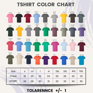 The image is a color chart for T-shirts, displaying various color options and corresponding sizes.