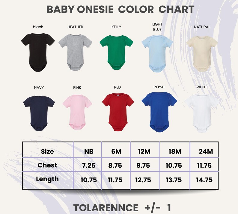 The image is a color chart for baby onesies, displaying various color options and corresponding sizes.