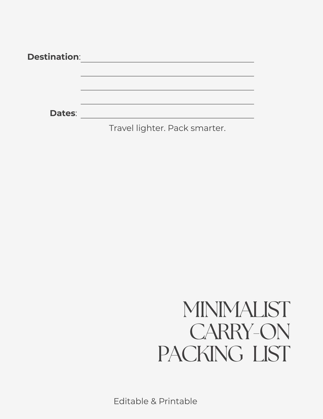 Carry on Packing List Printable PDF – Minimalist Travel Checklist ...