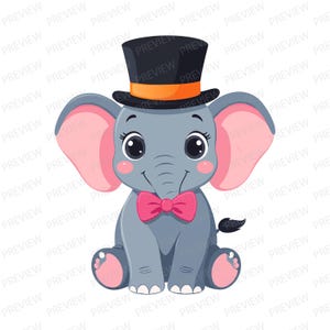 May include: A cartoon illustration of a gray elephant wearing a black top hat with an orange band and a pink bow tie. The elephant has large, expressive eyes, pink ears, and pink feet. The image has a white background.