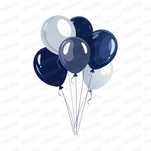 May include: A collection of seven balloons in shades of blue and white. The balloons are tied together with thin, silver ribbons. The balloons are in various shades of blue, including navy, and a light grey.