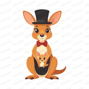 May include: A cartoon illustration of a kangaroo wearing a black top hat and a red bow tie. The kangaroo is holding a baby kangaroo in its pouch. The image has a white background and is a cute, whimsical design.