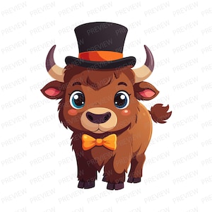 May include: A cartoon illustration of a brown bull wearing a black top hat with an orange band and a yellow bow tie. The bull has large blue eyes and pink cheeks, giving it a friendly appearance.
